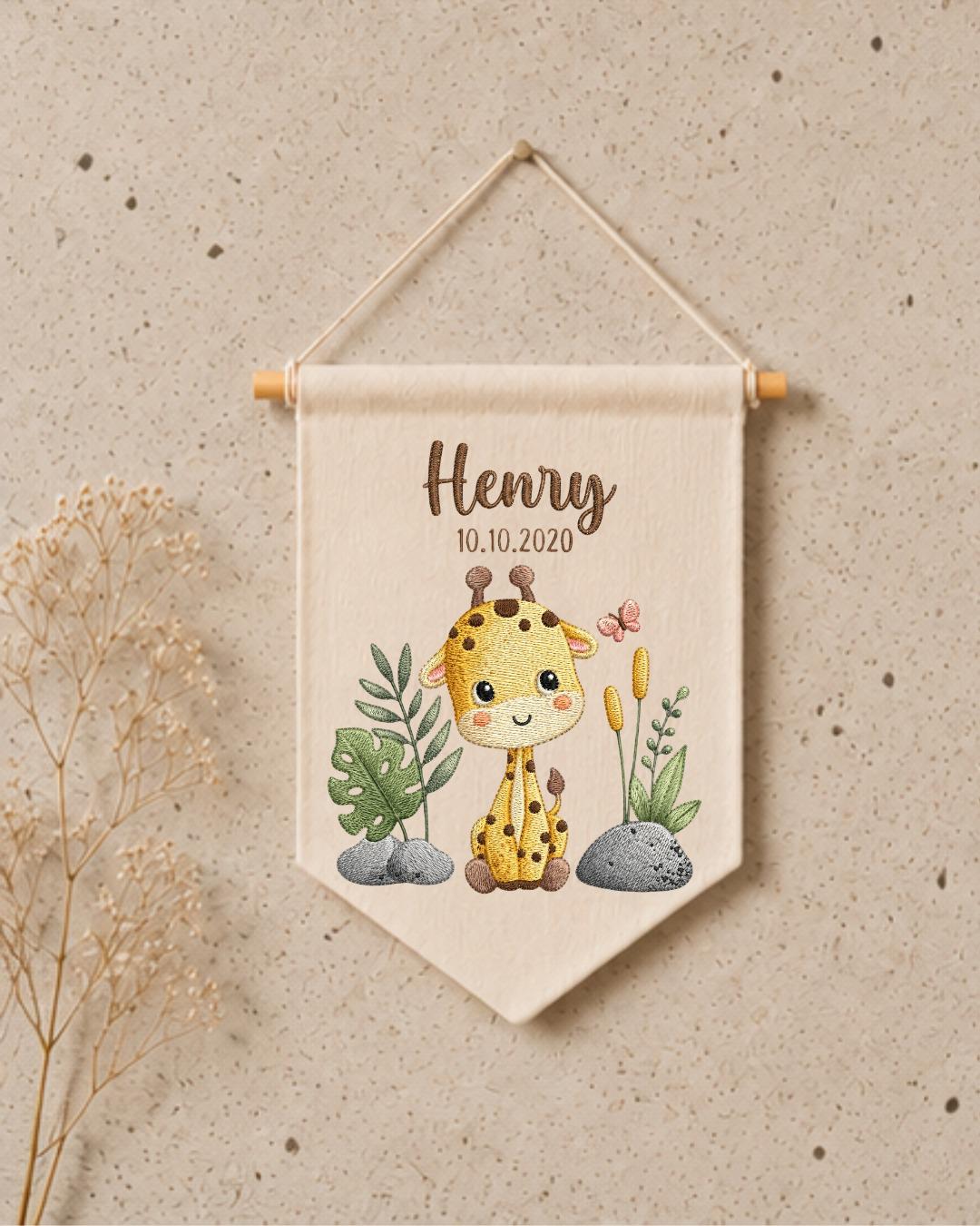 Personalized Giraffe Nursery Wall Hanging, Custom Name and Date Embroidered Banner, Safari Baby Room Decor, Jungle Baby Shower Gift