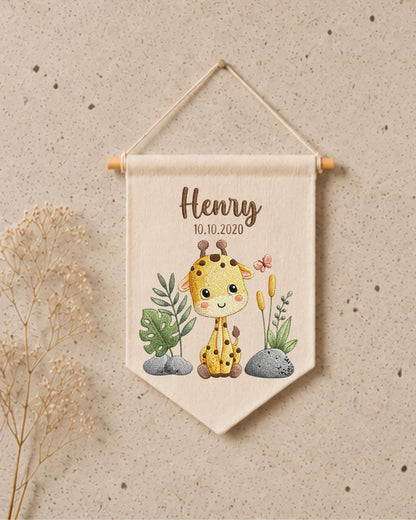 Personalized Giraffe Nursery Wall Hanging, Custom Name and Date Embroidered Banner, Safari Baby Room Decor, Jungle Baby Shower Gift