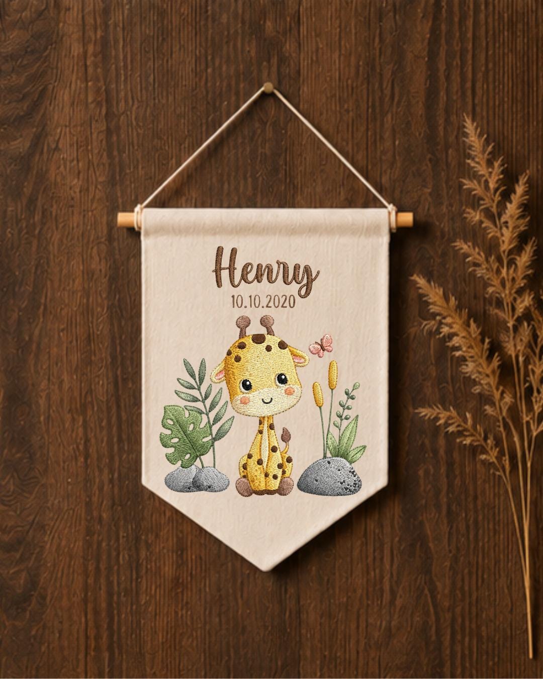 Personalized Giraffe Nursery Wall Hanging, Custom Name and Date Embroidered Banner, Safari Baby Room Decor, Jungle Baby Shower Gift