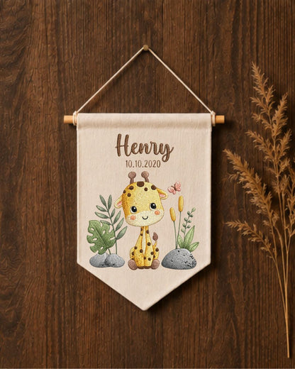 Personalized Giraffe Nursery Wall Hanging, Custom Name and Date Embroidered Banner, Safari Baby Room Decor, Jungle Baby Shower Gift