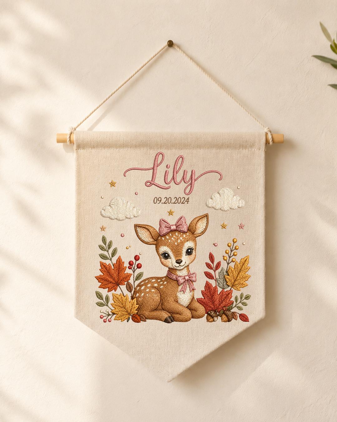 Personalized Deer Nursery Wall Hanging, Custom Name and Birth Date Embroidered Banner, Fall Baby Girl Room Decor, Woodland Newborn Gift