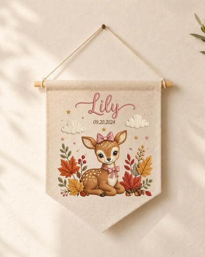 Personalized Deer Nursery Wall Hanging, Custom Name and Birth Date Embroidered Banner, Fall Baby Girl Room Decor, Woodland Newborn Gift