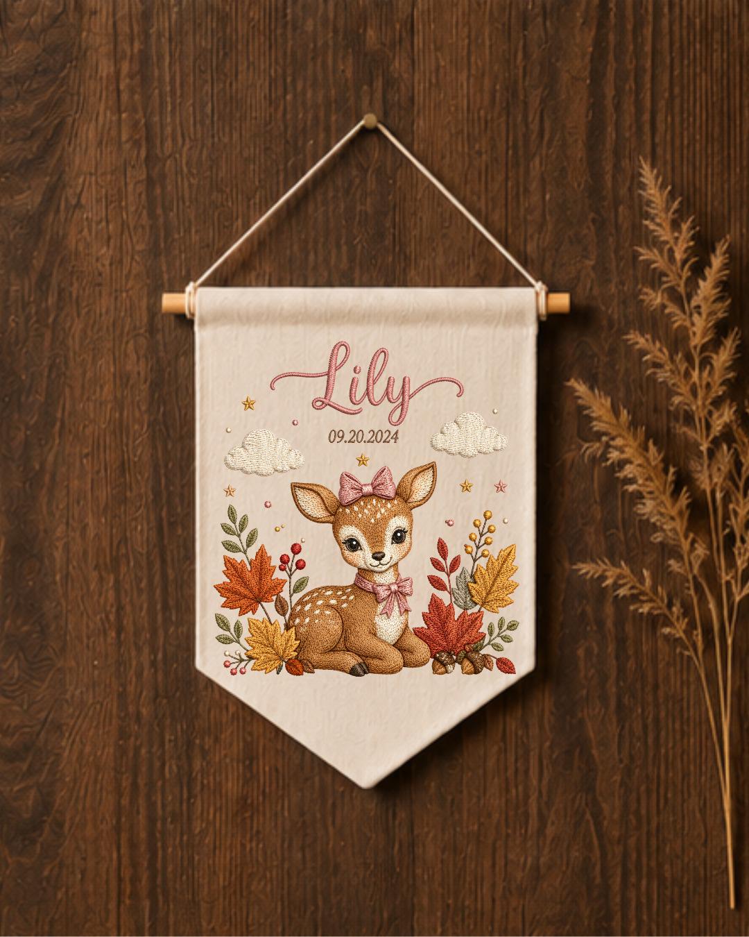 Personalized Deer Nursery Wall Hanging, Custom Name and Birth Date Embroidered Banner, Fall Baby Girl Room Decor, Woodland Newborn Gift
