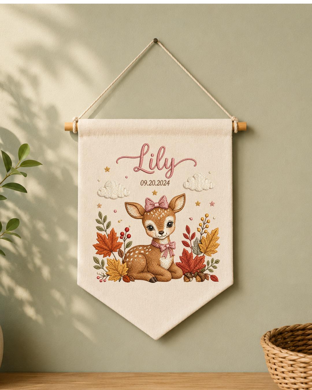 Personalized Deer Nursery Wall Hanging, Custom Name and Birth Date Embroidered Banner, Fall Baby Girl Room Decor, Woodland Newborn Gift