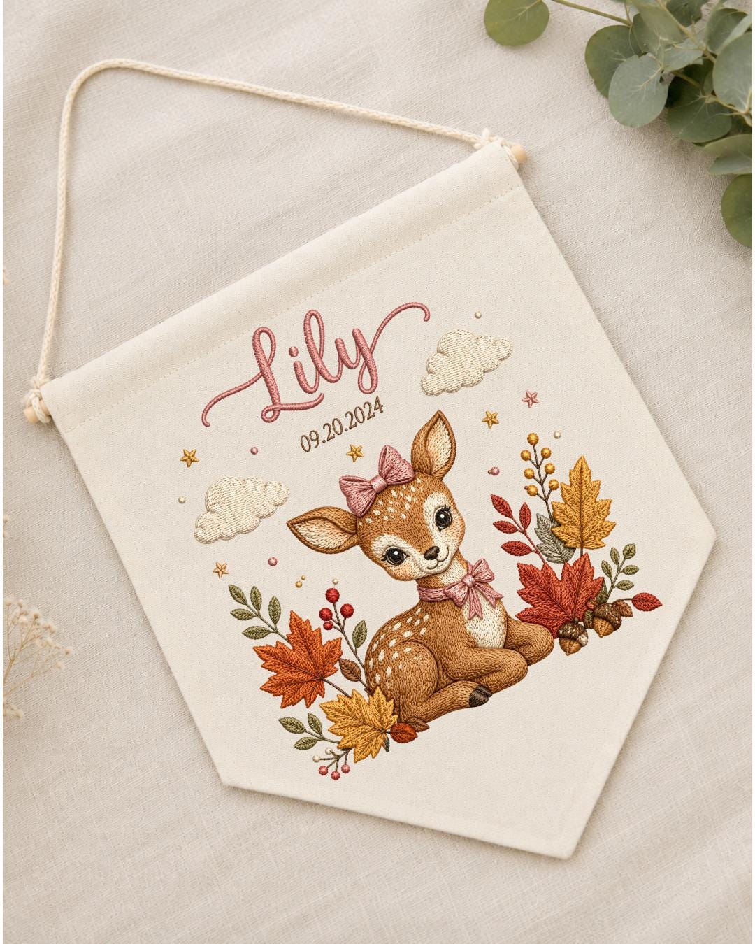 Personalized Deer Nursery Wall Hanging, Custom Name and Birth Date Embroidered Banner, Fall Baby Girl Room Decor, Woodland Newborn Gift