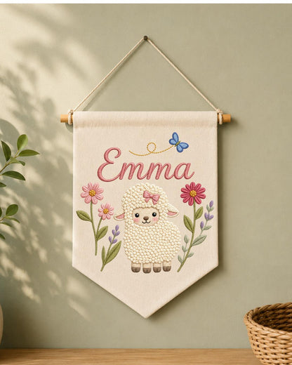 Personalized Lamb Nursery Wall Hanging, Custom Name Embroidered Banner, Floral Baby Girl Room Decor, Sheep Nursery Art, Baby Shower Gift
