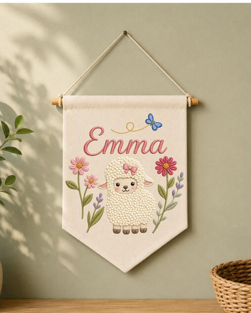 Personalized Lamb Nursery Wall Hanging, Custom Name Embroidered Banner, Floral Baby Girl Room Decor, Sheep Nursery Art, Baby Shower Gift