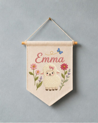 Personalized Lamb Nursery Wall Hanging, Custom Name Embroidered Banner, Floral Baby Girl Room Decor, Sheep Nursery Art, Baby Shower Gift