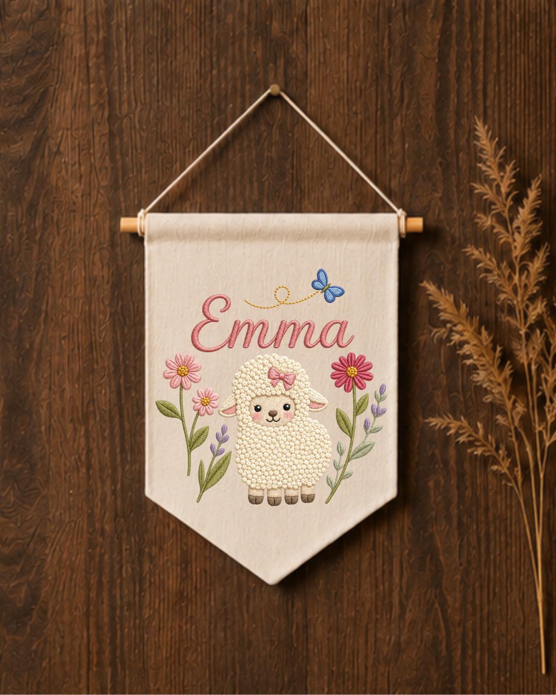 Personalized Lamb Nursery Wall Hanging, Custom Name Embroidered Banner, Floral Baby Girl Room Decor, Sheep Nursery Art, Baby Shower Gift