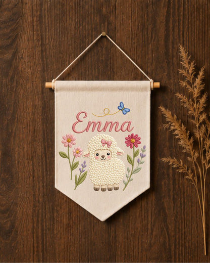 Personalized Lamb Nursery Wall Hanging, Custom Name Embroidered Banner, Floral Baby Girl Room Decor, Sheep Nursery Art, Baby Shower Gift