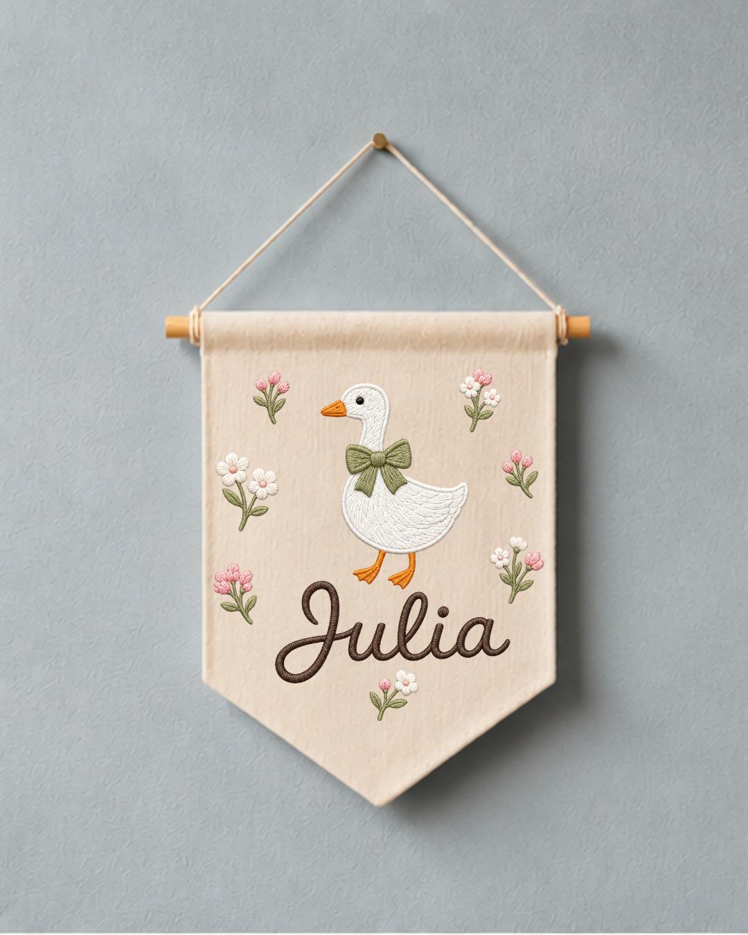 Personalized Goose Nursery Wall Hanging, Custom Name Embroidered Banner, Floral Baby Girl Room Decor, Farmhouse Nursery Gift