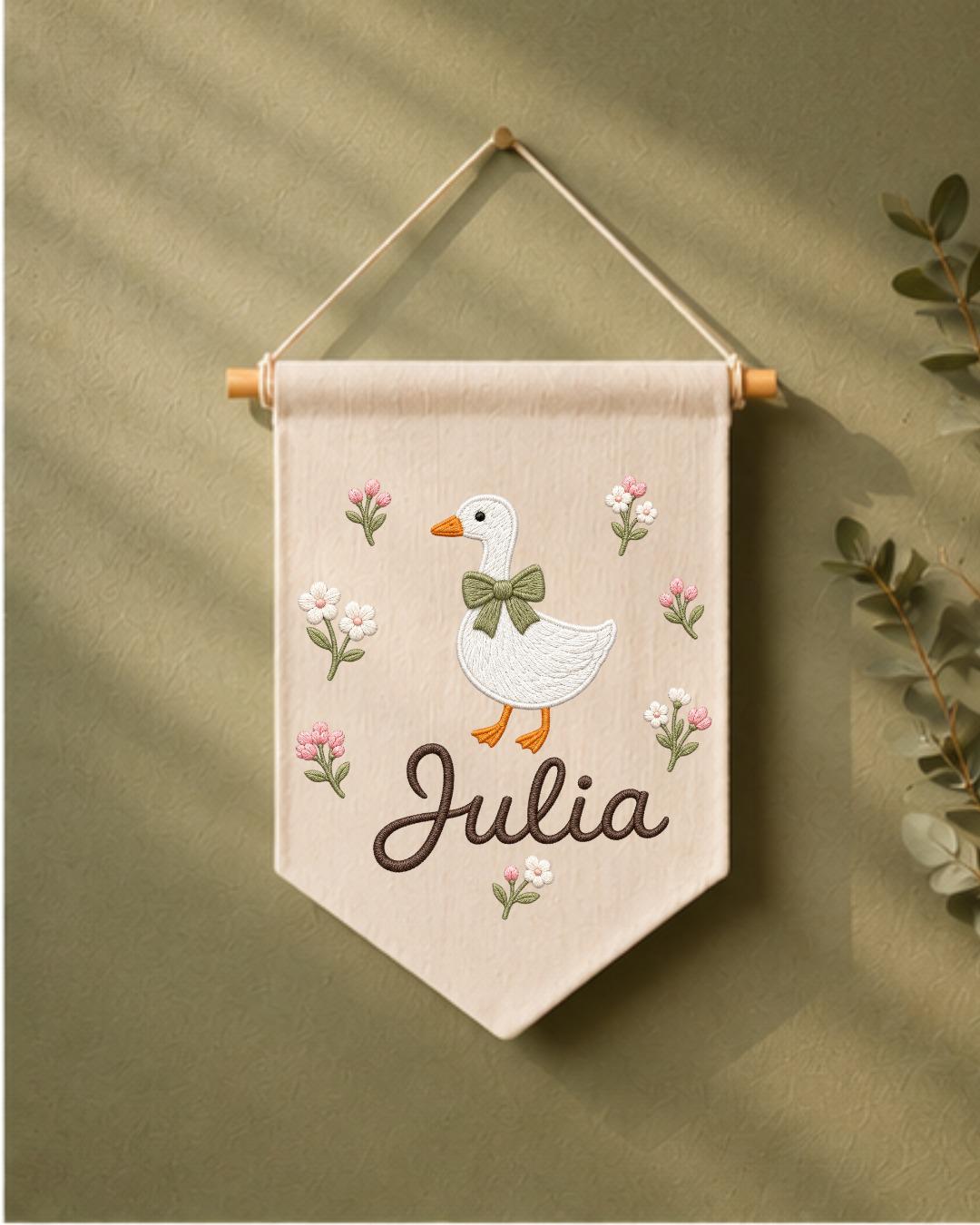 Personalized Goose Nursery Wall Hanging, Custom Name Embroidered Banner, Floral Baby Girl Room Decor, Farmhouse Nursery Gift