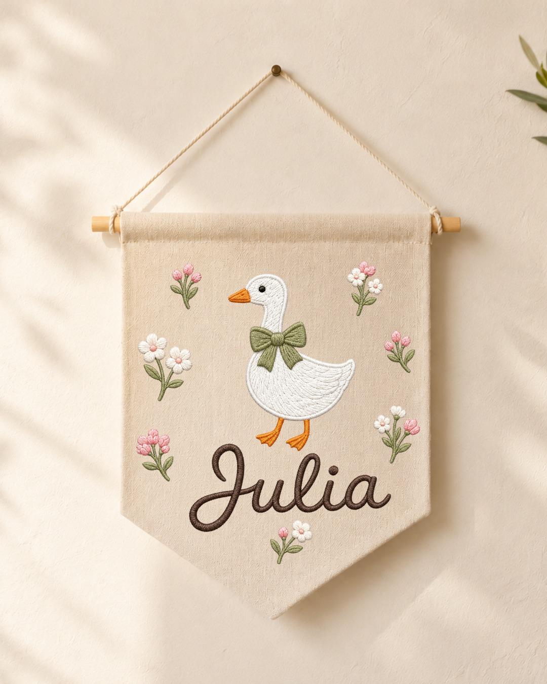 Personalized Goose Nursery Wall Hanging, Custom Name Embroidered Banner, Floral Baby Girl Room Decor, Farmhouse Nursery Gift