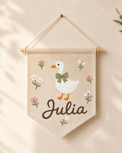 Personalized Goose Nursery Wall Hanging, Custom Name Embroidered Banner, Floral Baby Girl Room Decor, Farmhouse Nursery Gift