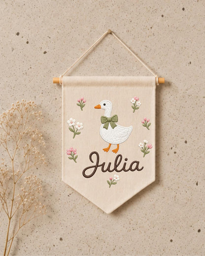 Personalized Goose Nursery Wall Hanging, Custom Name Embroidered Banner, Floral Baby Girl Room Decor, Farmhouse Nursery Gift