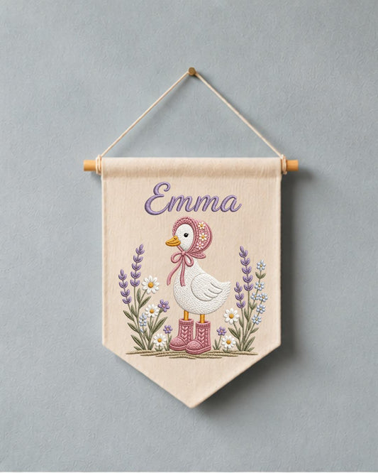 Personalized Goose Nursery Wall Hanging, Custom Name Embroidered Banner, Floral Baby Girl Room Decor, Cottagecore Goose Nursery Gift