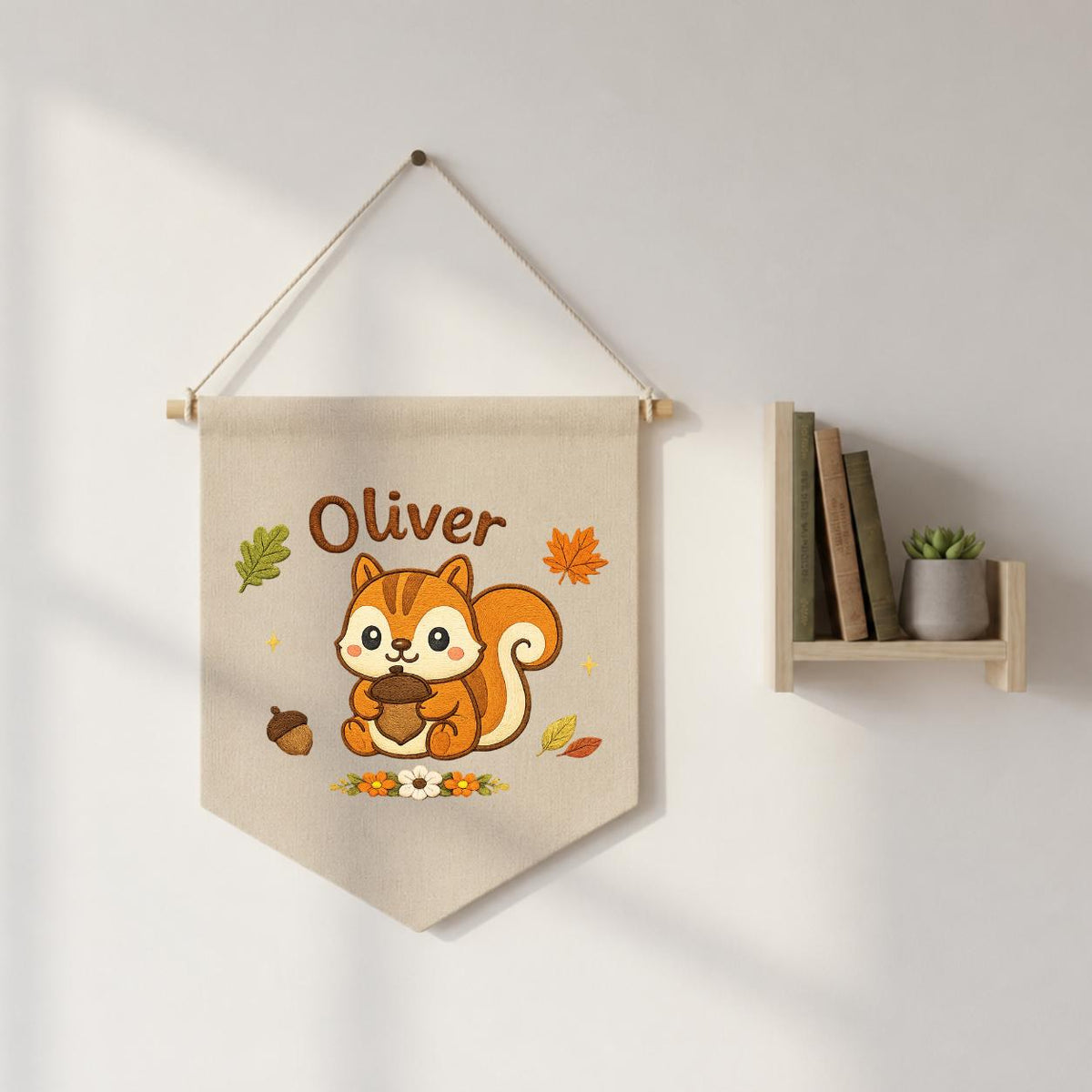 Personalized Embroidered Squirrel Banner, Custom Fall Woodland Nursery Art