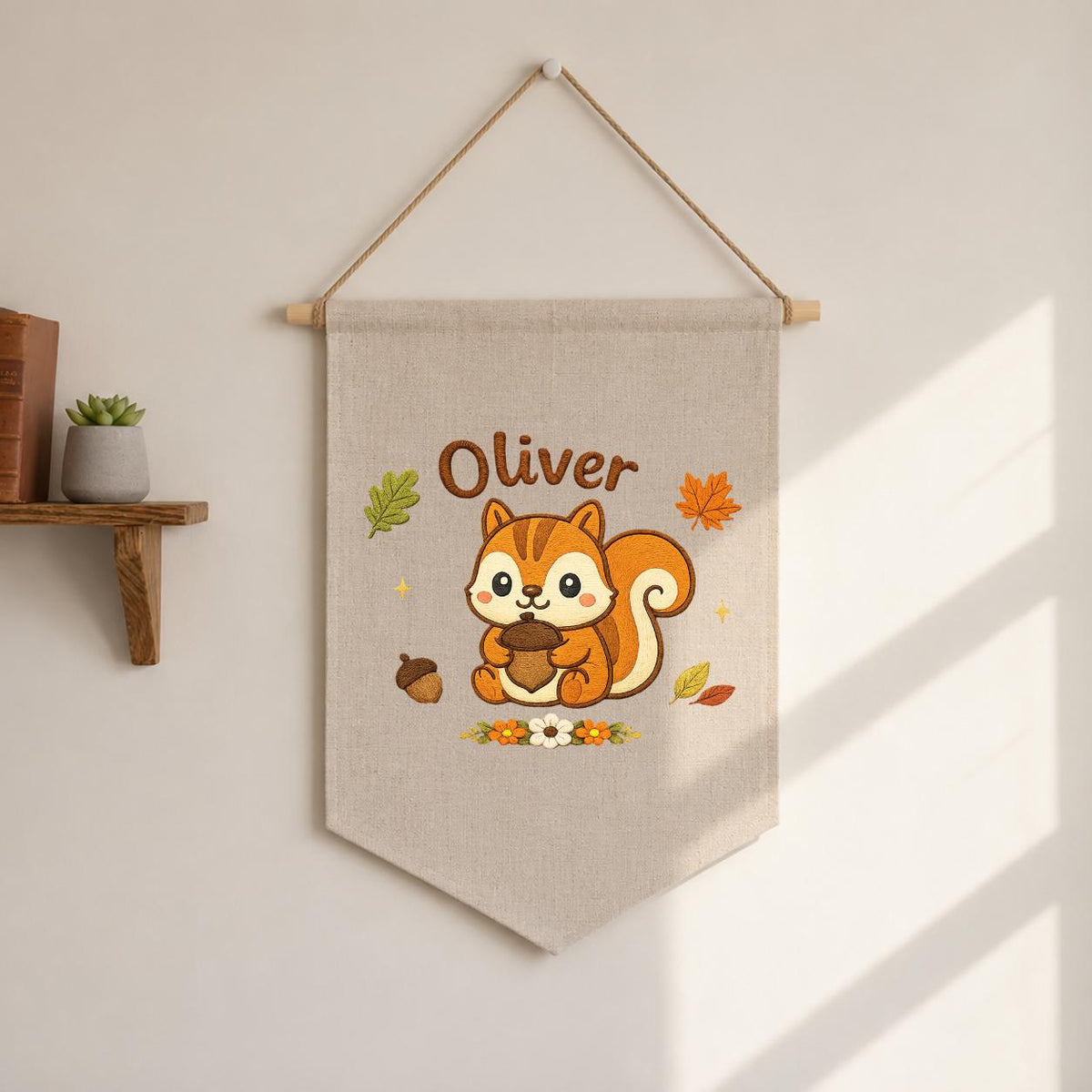 Personalized Embroidered Squirrel Banner, Custom Fall Woodland Nursery Art