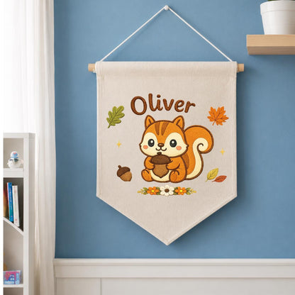 Personalized Embroidered Squirrel Banner, Custom Fall Woodland Nursery Art