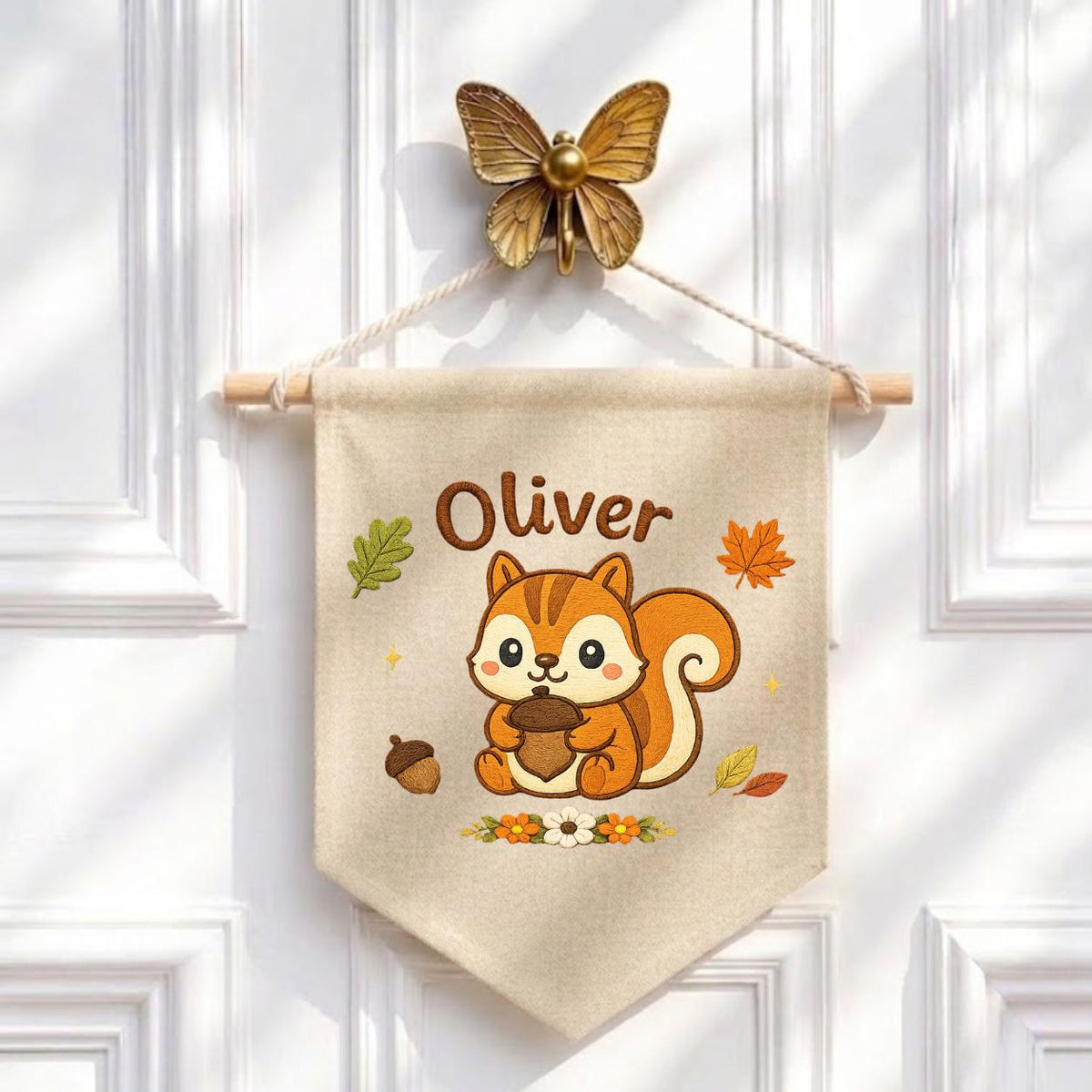 Personalized Embroidered Squirrel Banner, Custom Fall Woodland Nursery Art