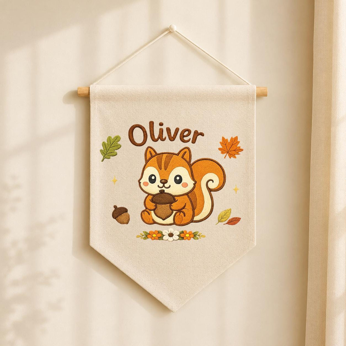 Personalized Embroidered Squirrel Banner, Custom Fall Woodland Nursery Art