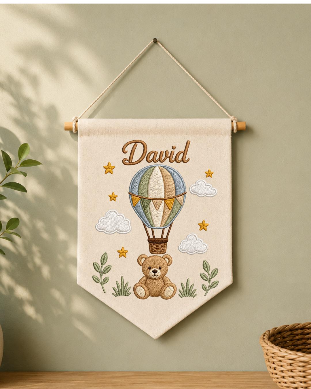 Personalized Hot Air Balloon Nursery Wall Hanging, Custom Name Embroidered Banner, Teddy Bear Baby Boy Room Decor, Baby Shower Gift
