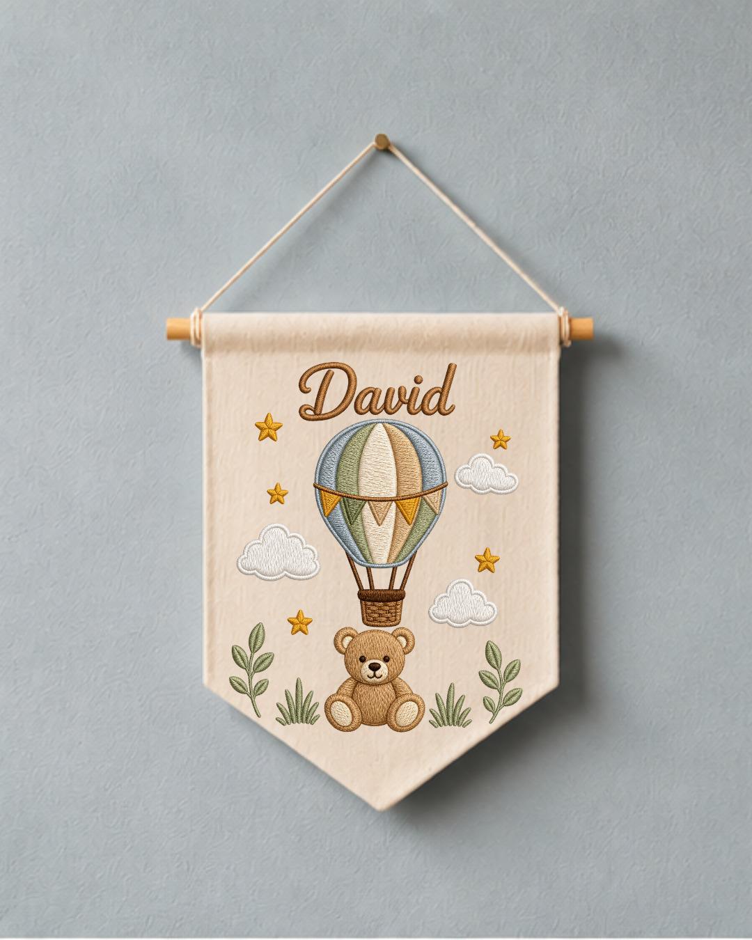 Personalized Hot Air Balloon Nursery Wall Hanging, Custom Name Embroidered Banner, Teddy Bear Baby Boy Room Decor, Baby Shower Gift