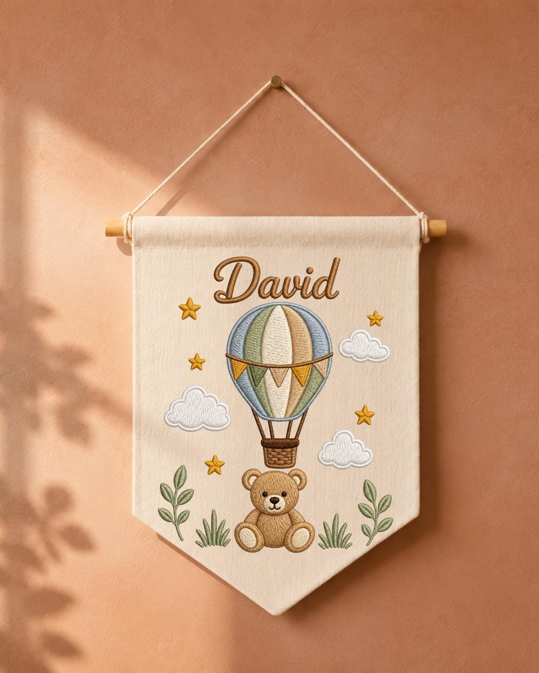 Personalized Hot Air Balloon Nursery Wall Hanging, Custom Name Embroidered Banner, Teddy Bear Baby Boy Room Decor, Baby Shower Gift
