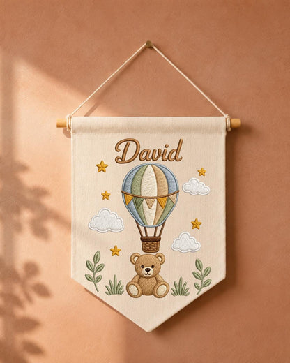 Personalized Hot Air Balloon Nursery Wall Hanging, Custom Name Embroidered Banner, Teddy Bear Baby Boy Room Decor, Baby Shower Gift