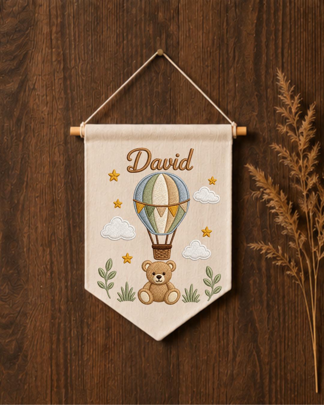 Personalized Hot Air Balloon Nursery Wall Hanging, Custom Name Embroidered Banner, Teddy Bear Baby Boy Room Decor, Baby Shower Gift