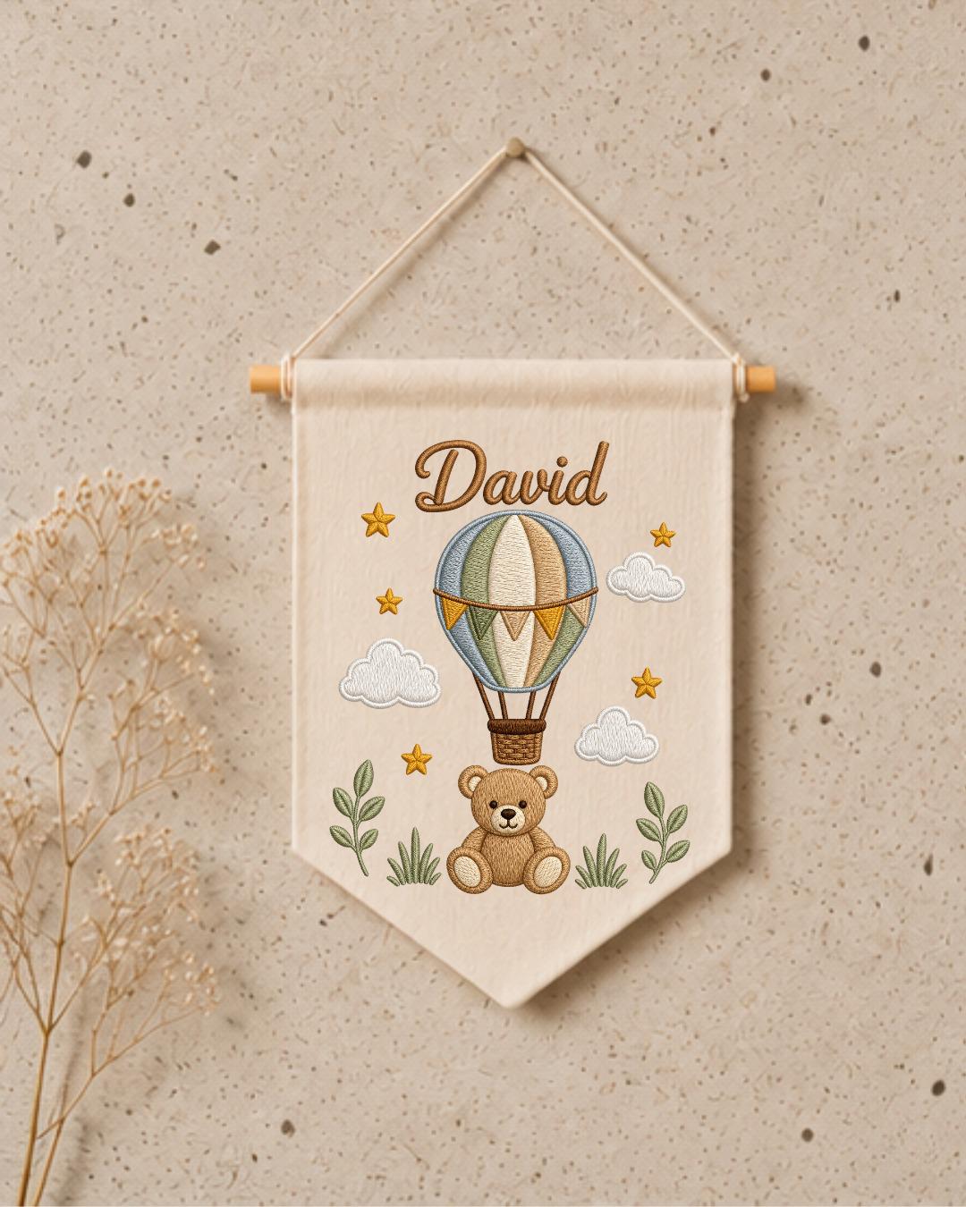 Personalized Hot Air Balloon Nursery Wall Hanging, Custom Name Embroidered Banner, Teddy Bear Baby Boy Room Decor, Baby Shower Gift