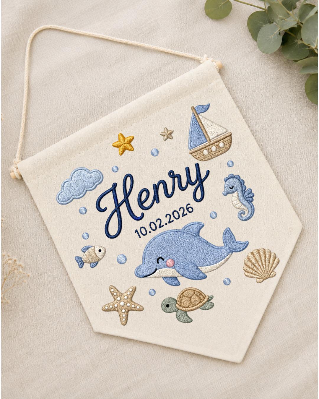 Personalized Ocean Nursery Wall Hanging, Custom Name and Birth Date Embroidered Banner, Dolphin Baby Boy Room Decor, Baby Shower Gift