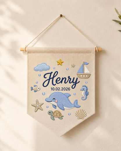 Personalized Ocean Nursery Wall Hanging, Custom Name and Birth Date Embroidered Banner, Dolphin Baby Boy Room Decor, Baby Shower Gift