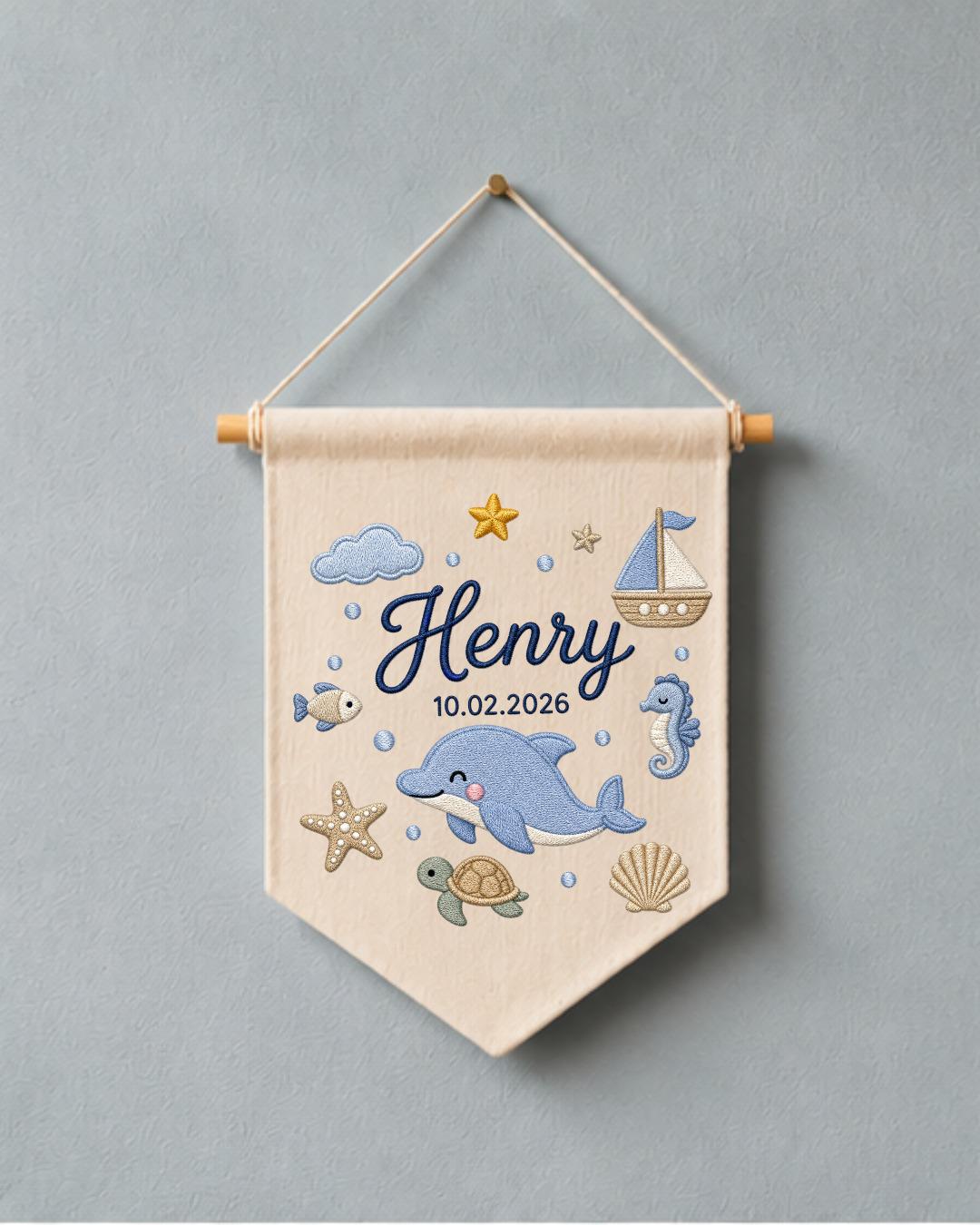 Personalized Ocean Nursery Wall Hanging, Custom Name and Birth Date Embroidered Banner, Dolphin Baby Boy Room Decor, Baby Shower Gift