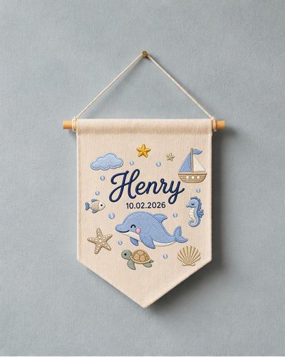 Personalized Ocean Nursery Wall Hanging, Custom Name and Birth Date Embroidered Banner, Dolphin Baby Boy Room Decor, Baby Shower Gift