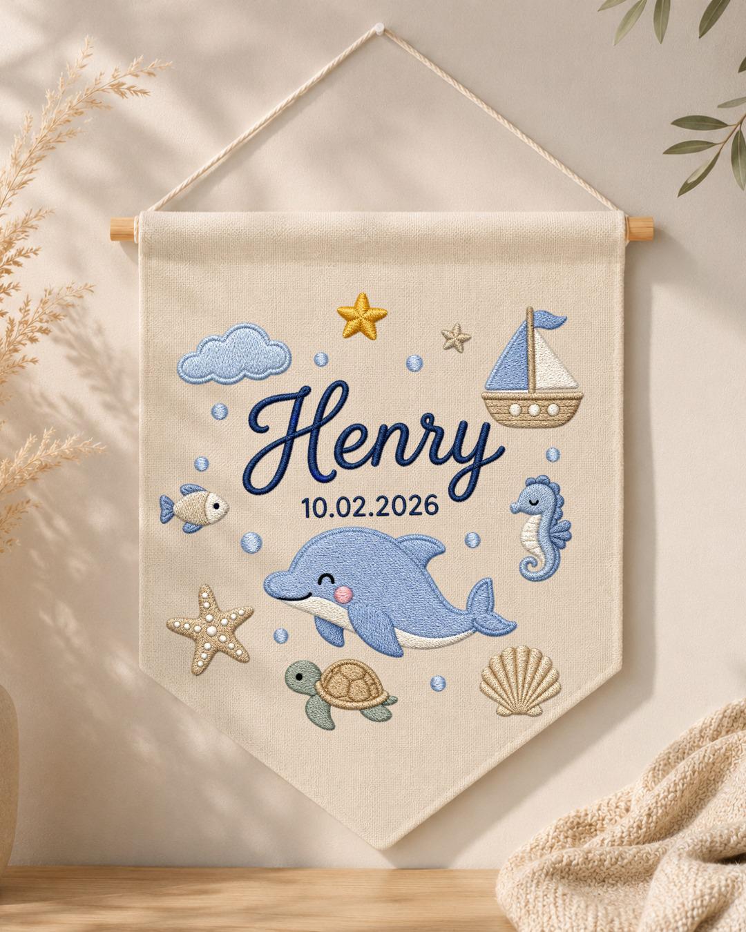 Personalized Ocean Nursery Wall Hanging, Custom Name and Birth Date Embroidered Banner, Dolphin Baby Boy Room Decor, Baby Shower Gift