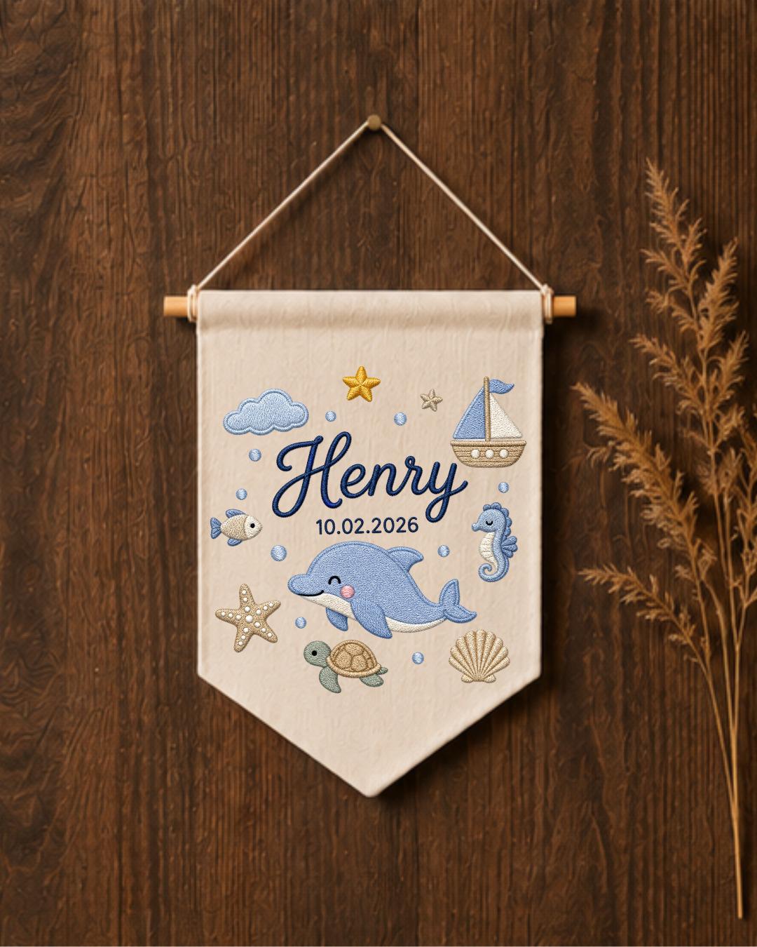 Personalized Ocean Nursery Wall Hanging, Custom Name and Birth Date Embroidered Banner, Dolphin Baby Boy Room Decor, Baby Shower Gift