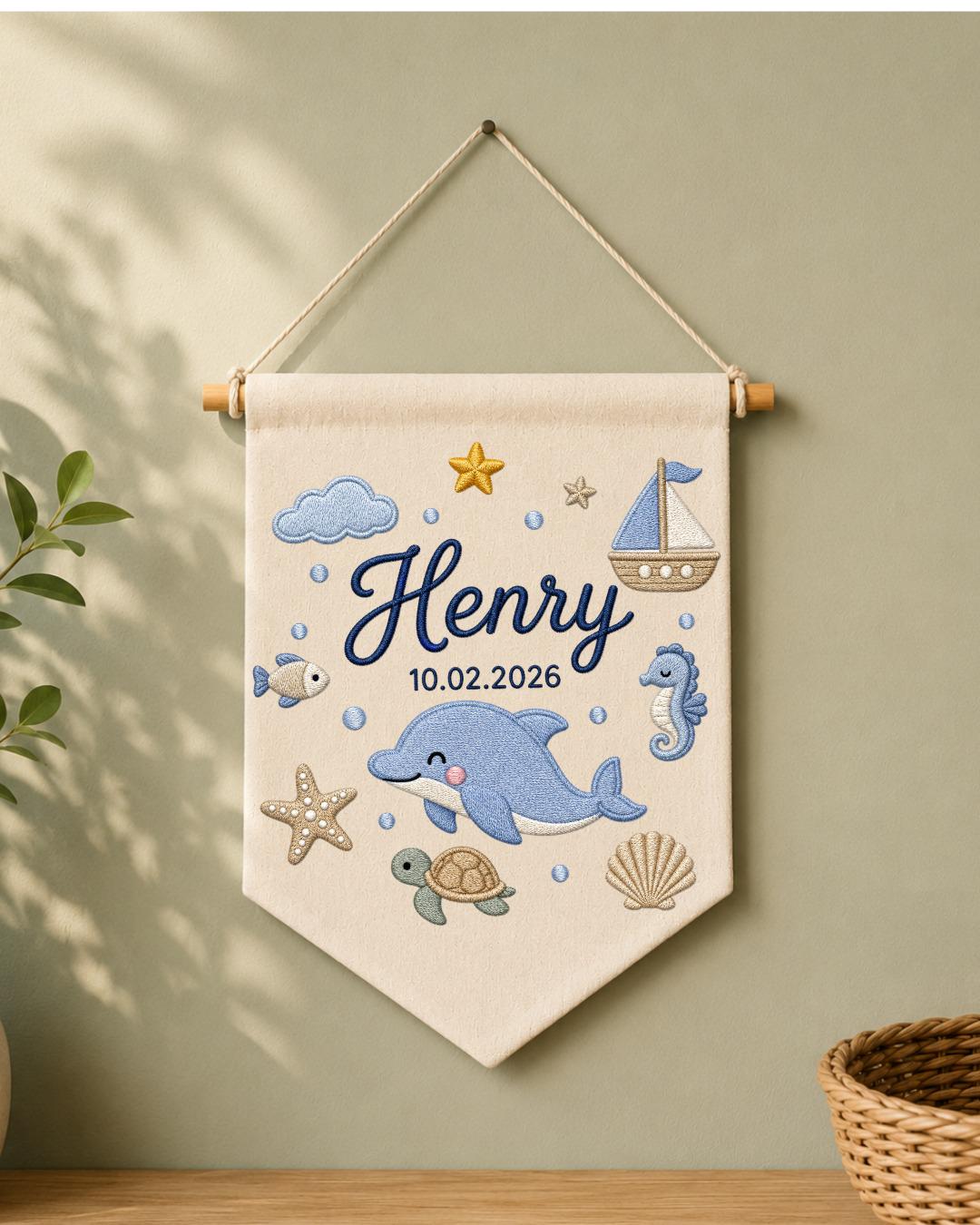 Personalized Ocean Nursery Wall Hanging, Custom Name and Birth Date Embroidered Banner, Dolphin Baby Boy Room Decor, Baby Shower Gift