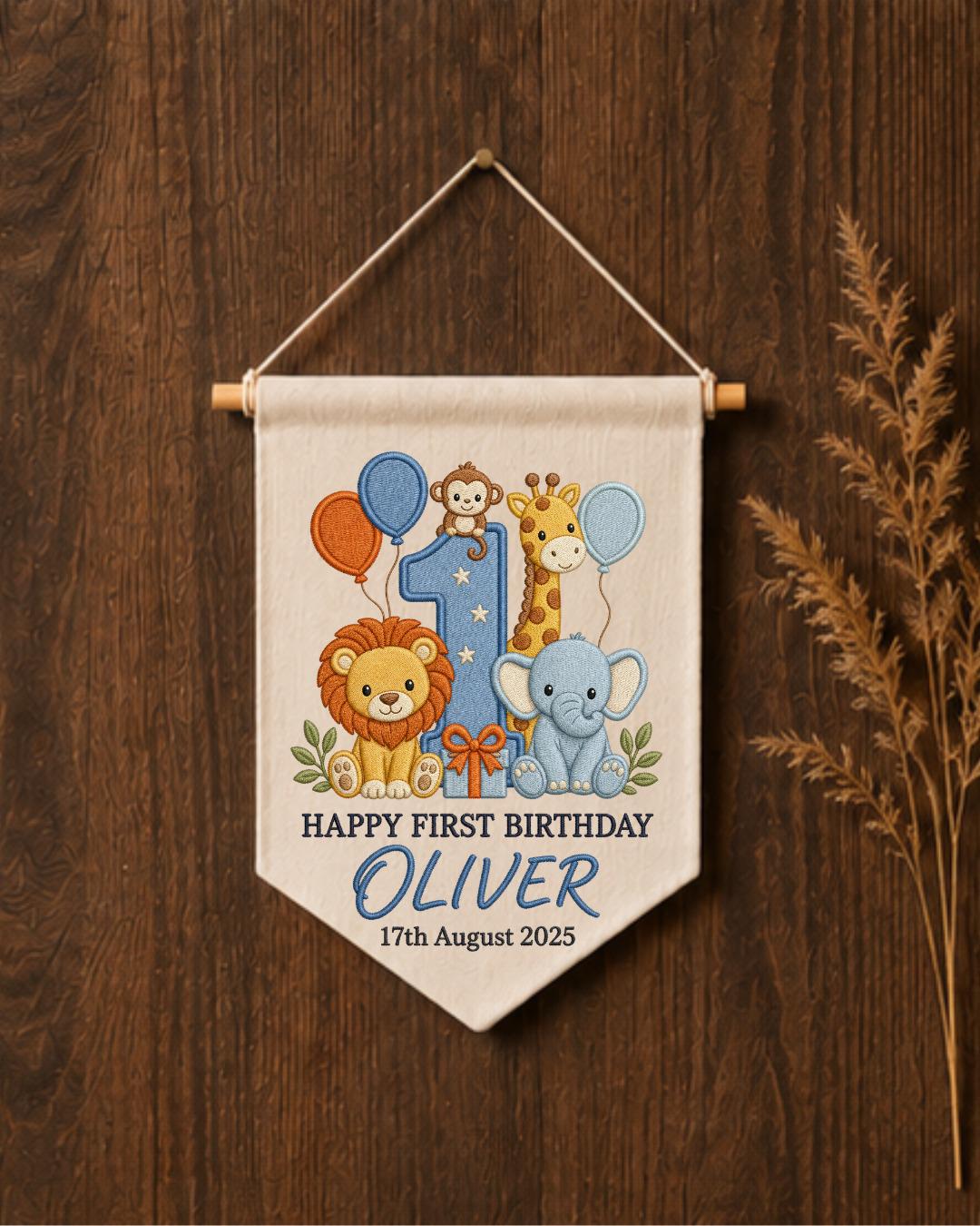 Personalized First Birthday Wall Hanging, Custom Name Embroidered Safari Animal Banner, Wild One Birthday Decor, Jungle Nursery Keepsake