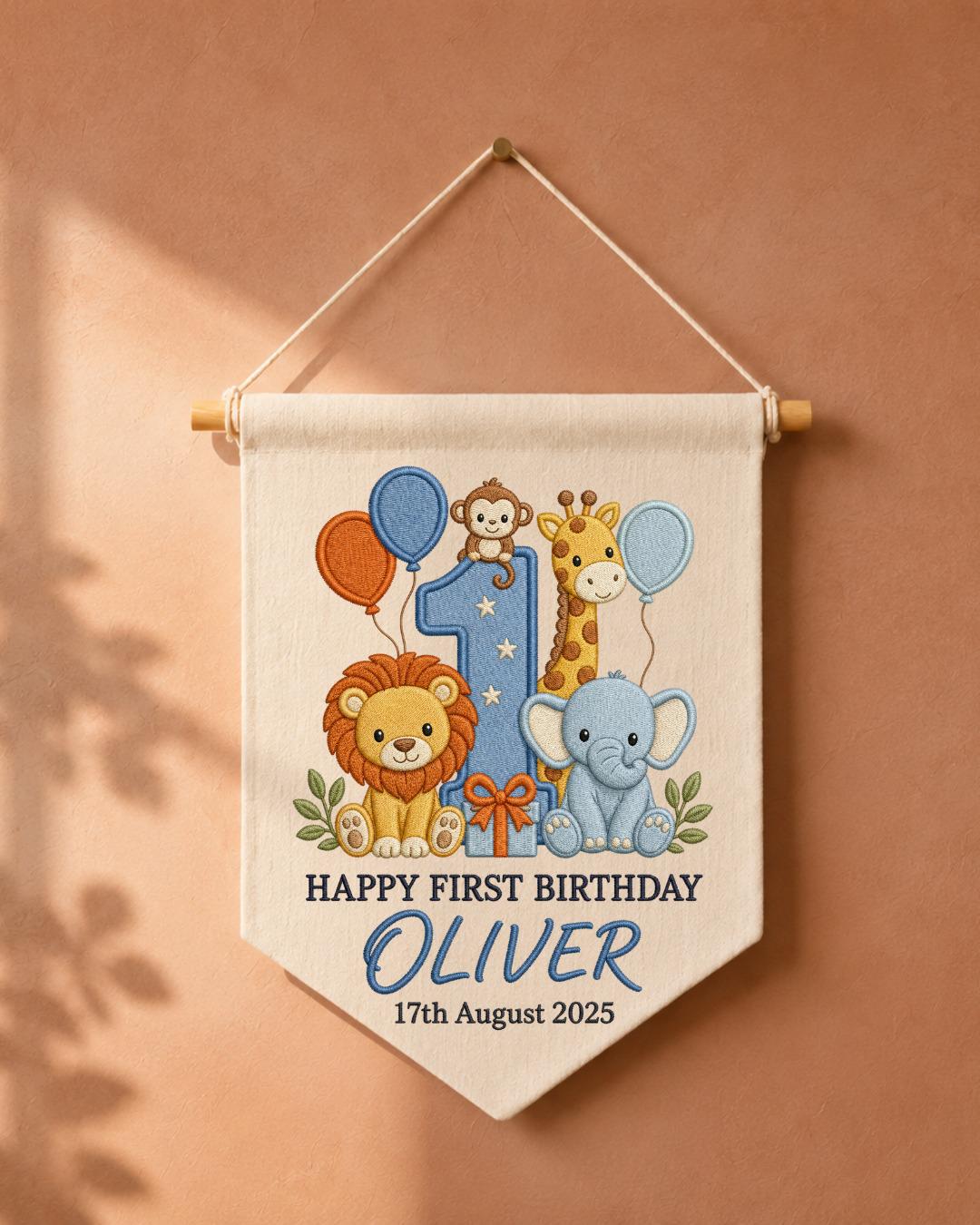 Personalized First Birthday Wall Hanging, Custom Name Embroidered Safari Animal Banner, Wild One Birthday Decor, Jungle Nursery Keepsake