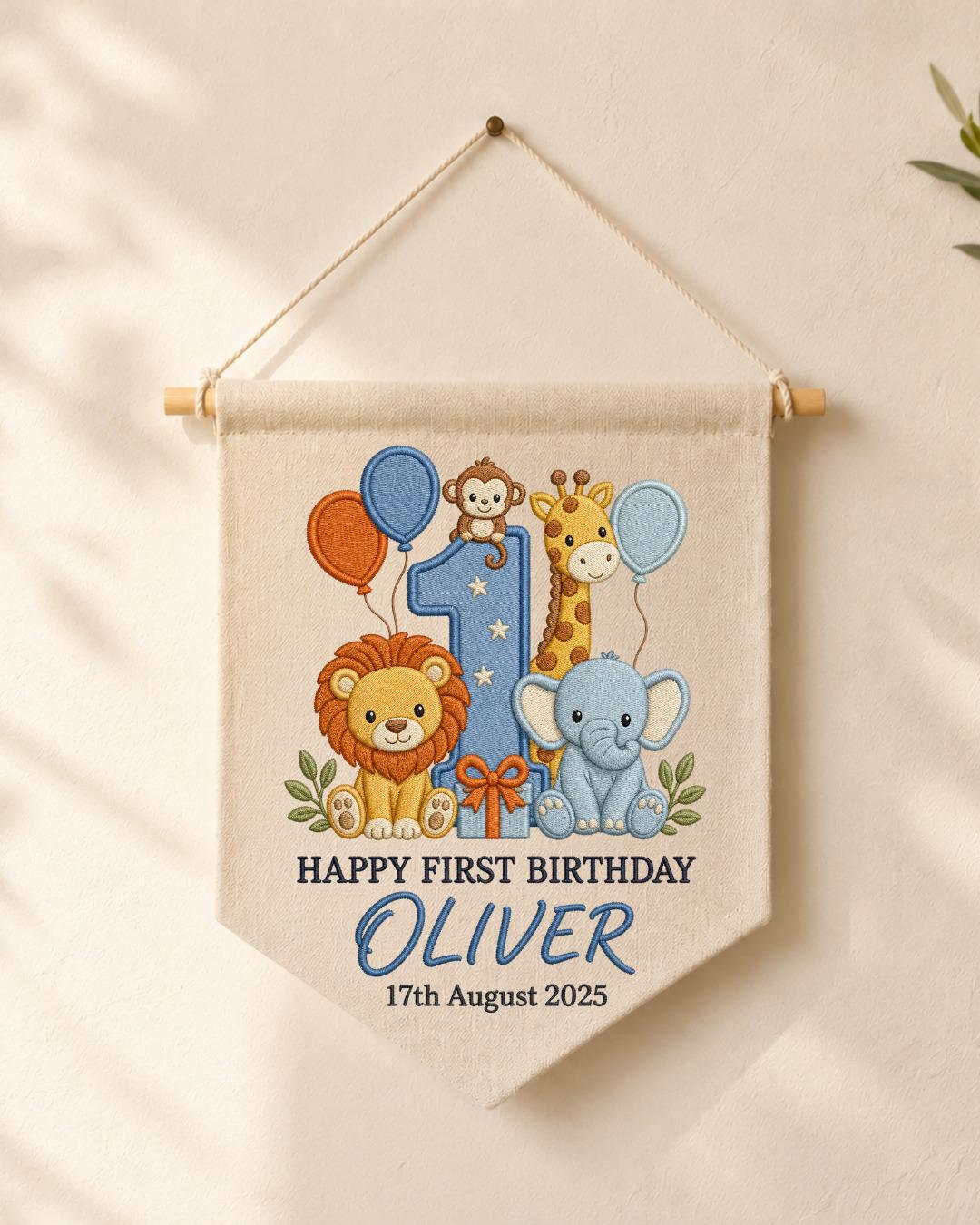 Personalized First Birthday Wall Hanging, Custom Name Embroidered Safari Animal Banner, Wild One Birthday Decor, Jungle Nursery Keepsake