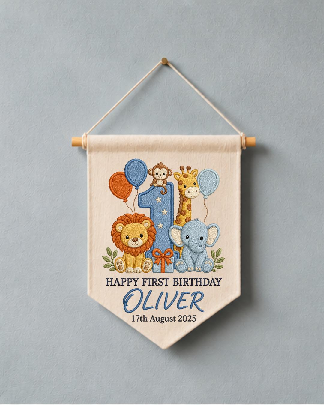 Personalized First Birthday Wall Hanging, Custom Name Embroidered Safari Animal Banner, Wild One Birthday Decor, Jungle Nursery Keepsake