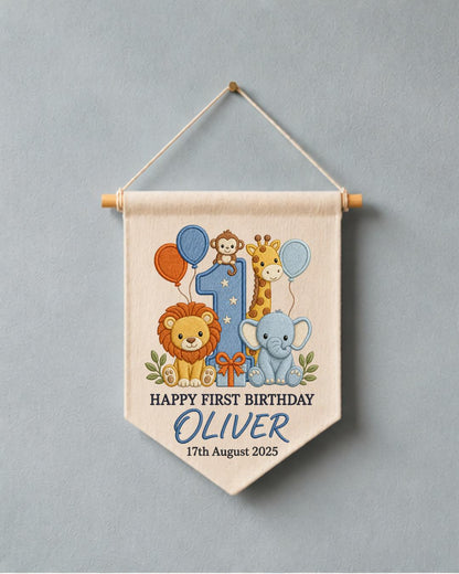 Personalized First Birthday Wall Hanging, Custom Name Embroidered Safari Animal Banner, Wild One Birthday Decor, Jungle Nursery Keepsake