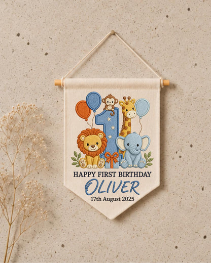 Personalized First Birthday Wall Hanging, Custom Name Embroidered Safari Animal Banner, Wild One Birthday Decor, Jungle Nursery Keepsake