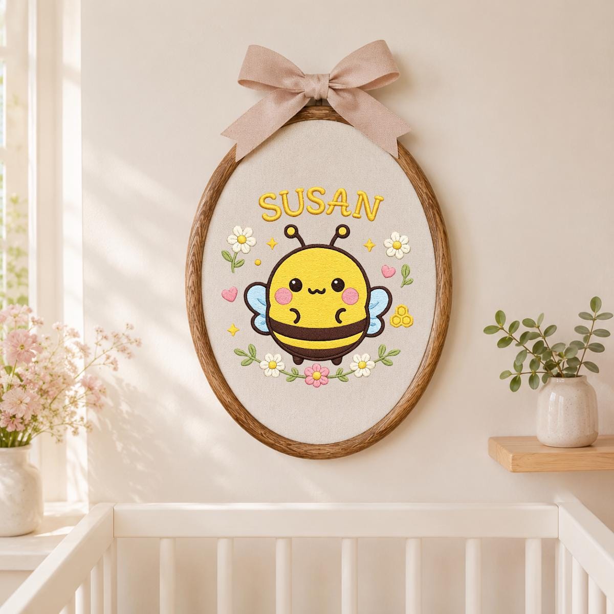 Personalized Embroidered Hoop Art, Bumble Bee Name Decor, Floral Baby Nursery Wall Sign
