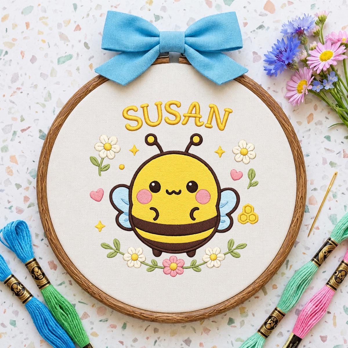 Personalized Embroidered Hoop Art, Bumble Bee Name Decor, Floral Baby Nursery Wall Sign