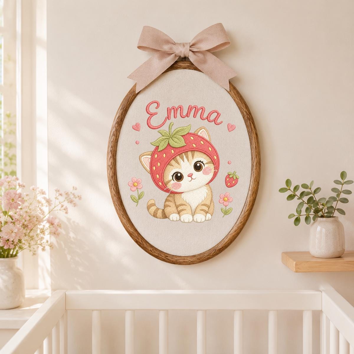 Personalized Embroidered Hoop Art, Strawberry Cat Nursery Decor, Custom Name Fabric Wall Art