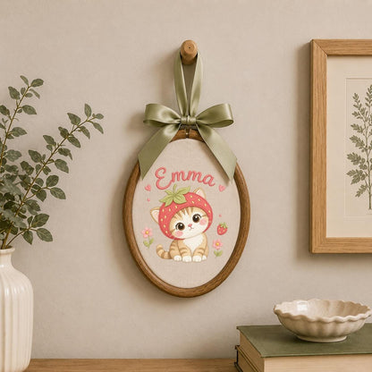Personalized Embroidered Hoop Art, Strawberry Cat Nursery Decor, Custom Name Fabric Wall Art