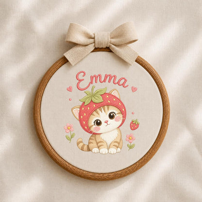 Personalized Embroidered Hoop Art, Strawberry Cat Nursery Decor, Custom Name Fabric Wall Art