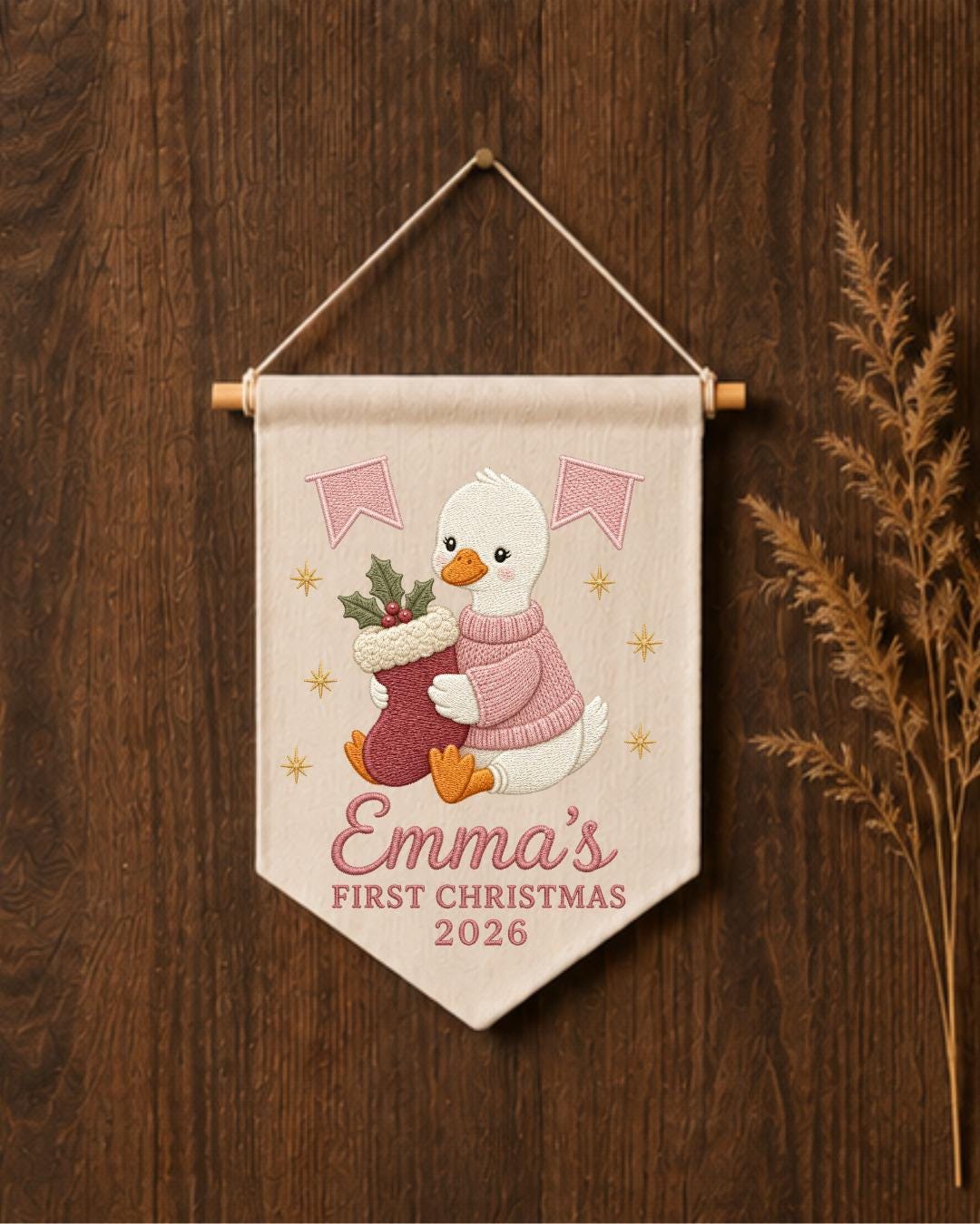 Personalized First Christmas Wall Hanging, Custom Name Embroidered Goose Banner, Baby Girl Christmas Nursery Decor, Newborn Keepsake Gift